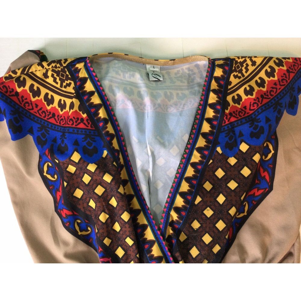Alibi Womens L Geometric Kimono Maxi Dress Bell Sleeve‎ Hippie Bohemian